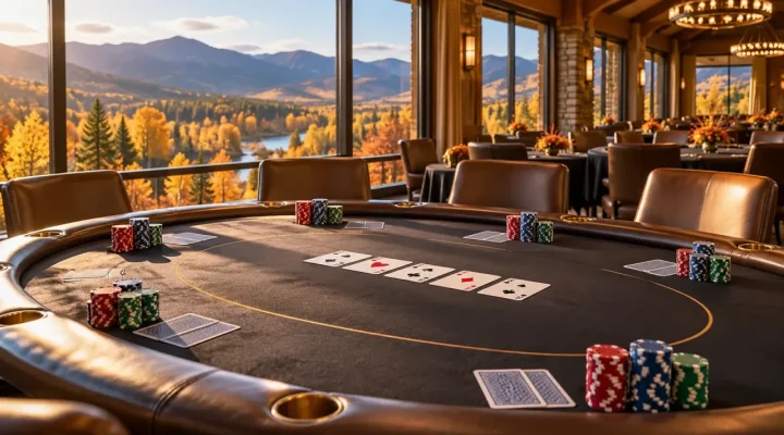 Conceptual poker tournament table overlooking an autumn mountain landscape