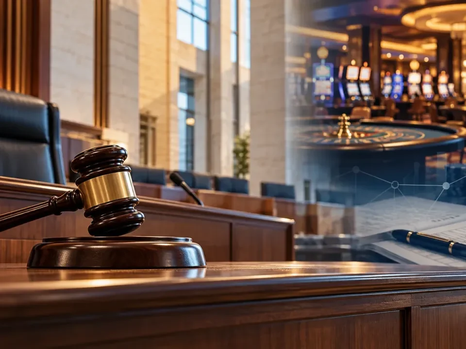 Mazo judicial junto a un registro de cumplimiento con una sala de casino al fondo