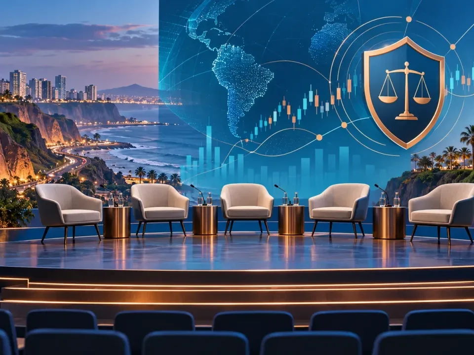 Empty regulatory conference panel in Lima with market charts and a legal shield
