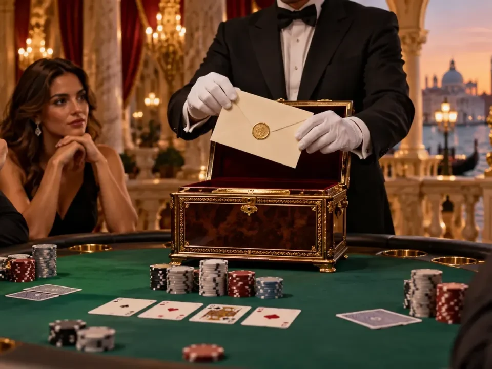 Sobre de premio misterioso extraído de una caja en una mesa de póker en Venecia