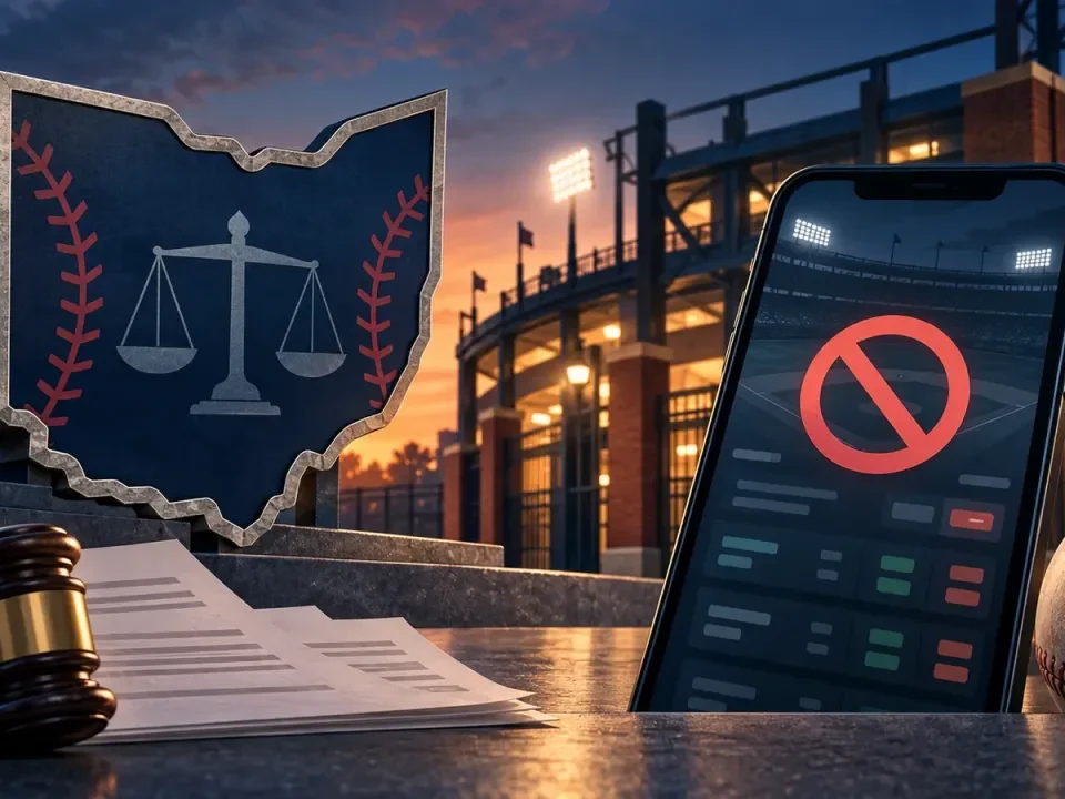 Illustrated Ohio regulatory shield, baseball stadium and blocked betting interface