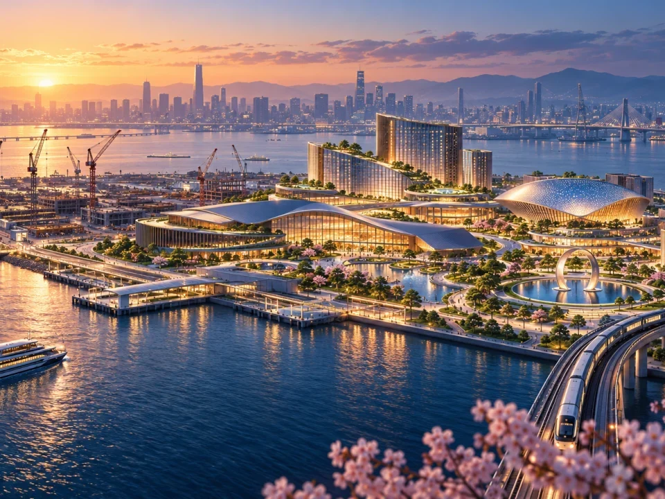 Resort integrado conceptual en construcción frente al mar en una isla de Osaka