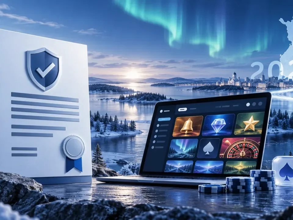 Conceptual Finnish online gaming licence beside a secure digital casino platform