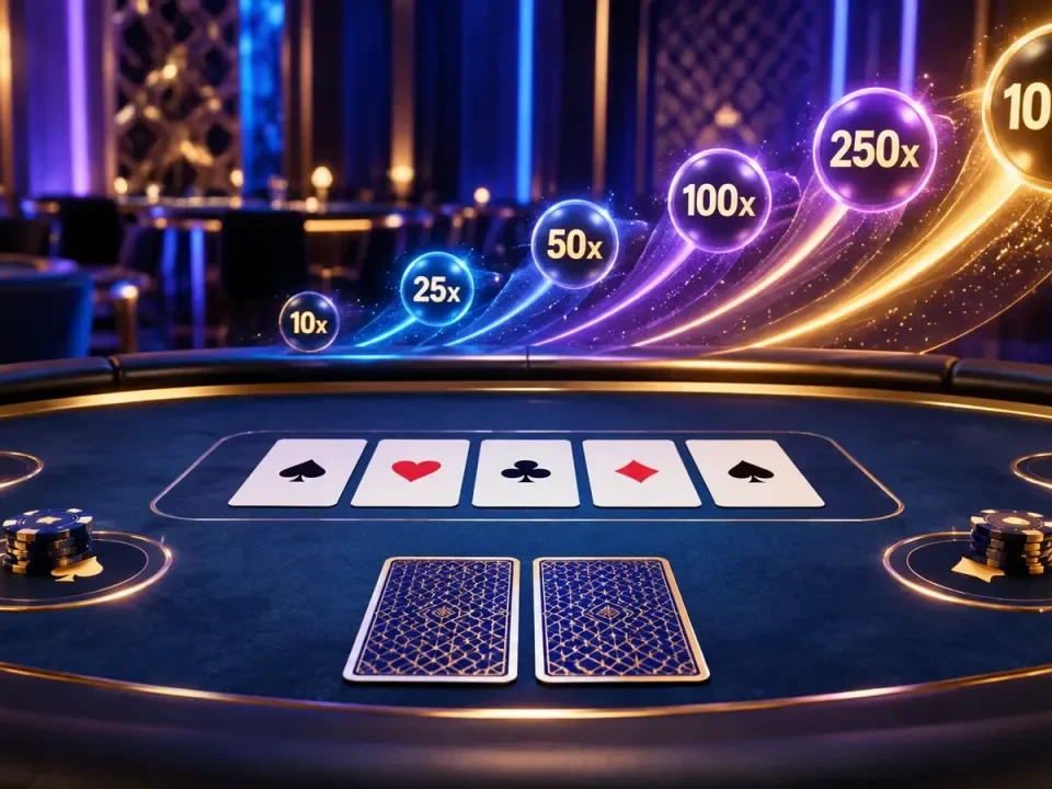 Illustration of a live poker table with community cards and glowing multiplier markers