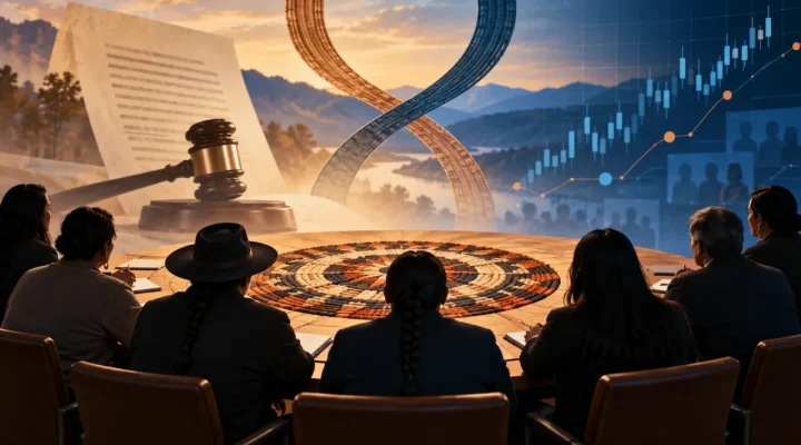 Una mesa redonda conceptual sobre política tribal junto a un mazo jurídico y un gráfico de mercado digital