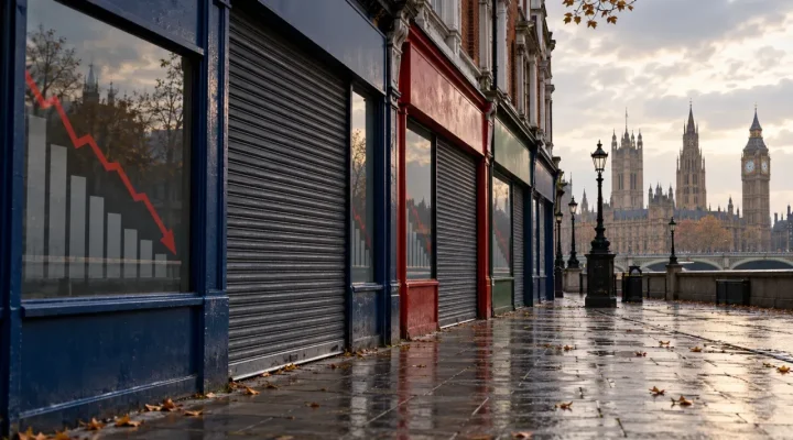 Tiendas genéricas de apuestas cerradas en Londres con un gráfico de ingresos descendente reflejado en los escaparates