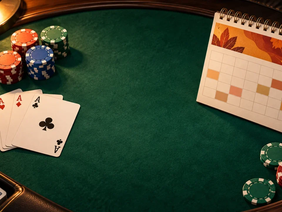 Fichas y cartas de póker junto a un calendario ilustrado de noviembre
