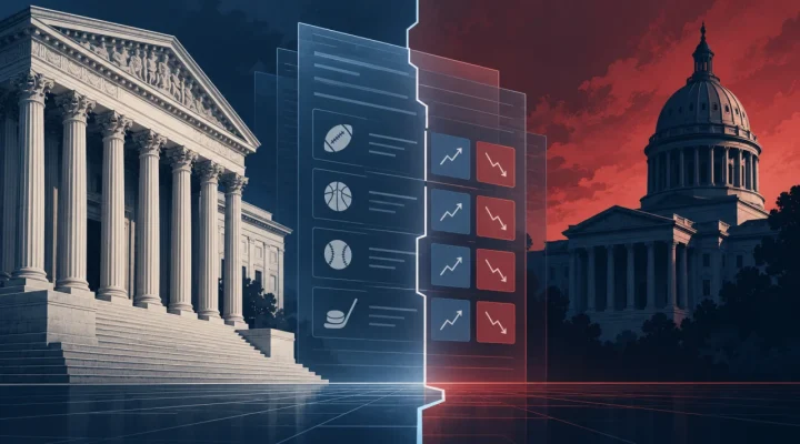 Conceptual federal courthouse and state capitol divided by sports event contract screens