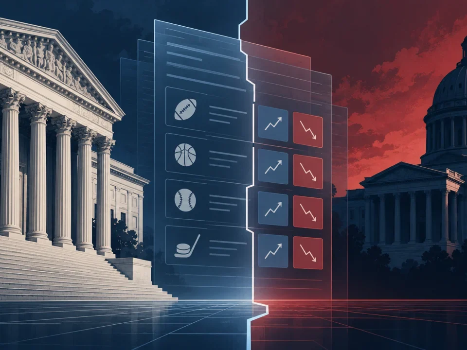 Conceptual federal courthouse and state capitol divided by sports event contract screens