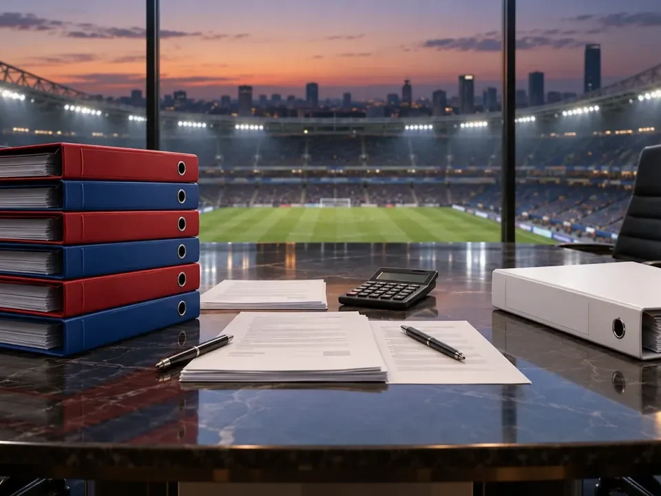 Ilustración generada de carpetas de clubes y contratos sobre una mesa de reunión en un estadio