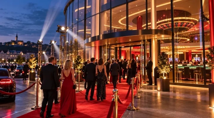 Generated illustration of guests arriving at a new German casino opening celebration
