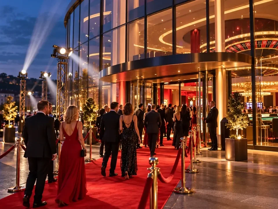 Generated illustration of guests arriving at a new German casino opening celebration