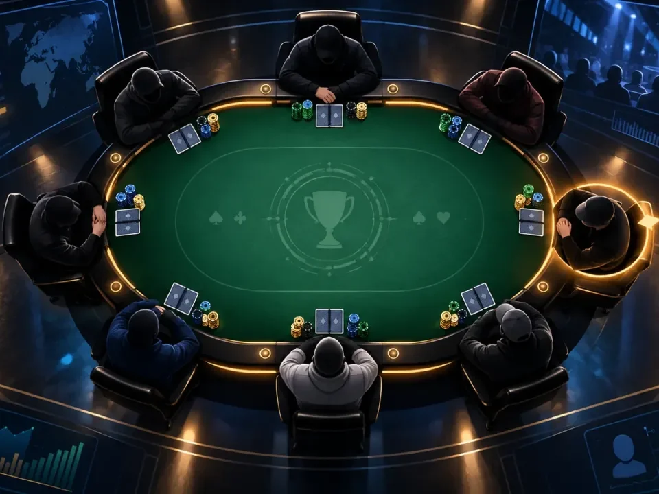 Ilustración cenital de una mesa final de campeonato de póker online con ocho jugadores