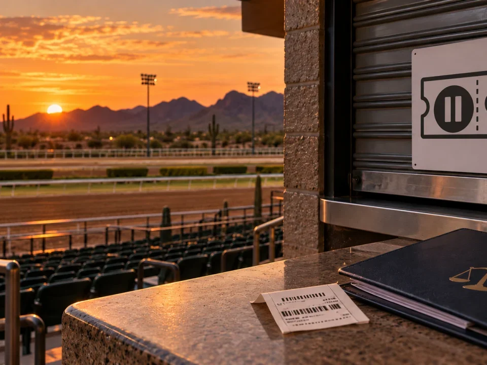 Closed wagering window at an Arizona racetrack with a paused ticket symbol and regulatory folder