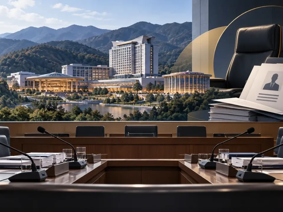 Sala de audiencia parlamentaria ilustrada con vistas a un complejo de montaña y un expediente ejecutivo