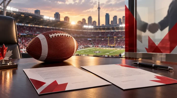 Ilustración de un acuerdo deportivo canadiense junto a un balón de fútbol americano y un estadio