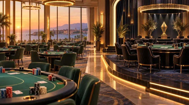 Illustration of two connected poker tournament areas in a Mediterranean resort hall