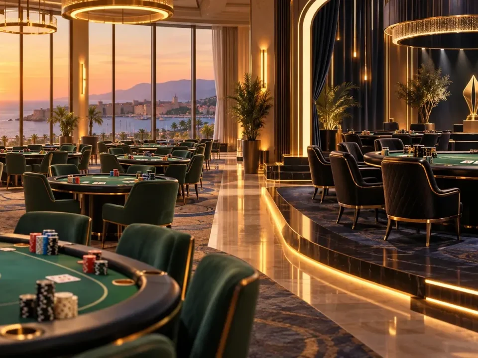 Illustration of two connected poker tournament areas in a Mediterranean resort hall