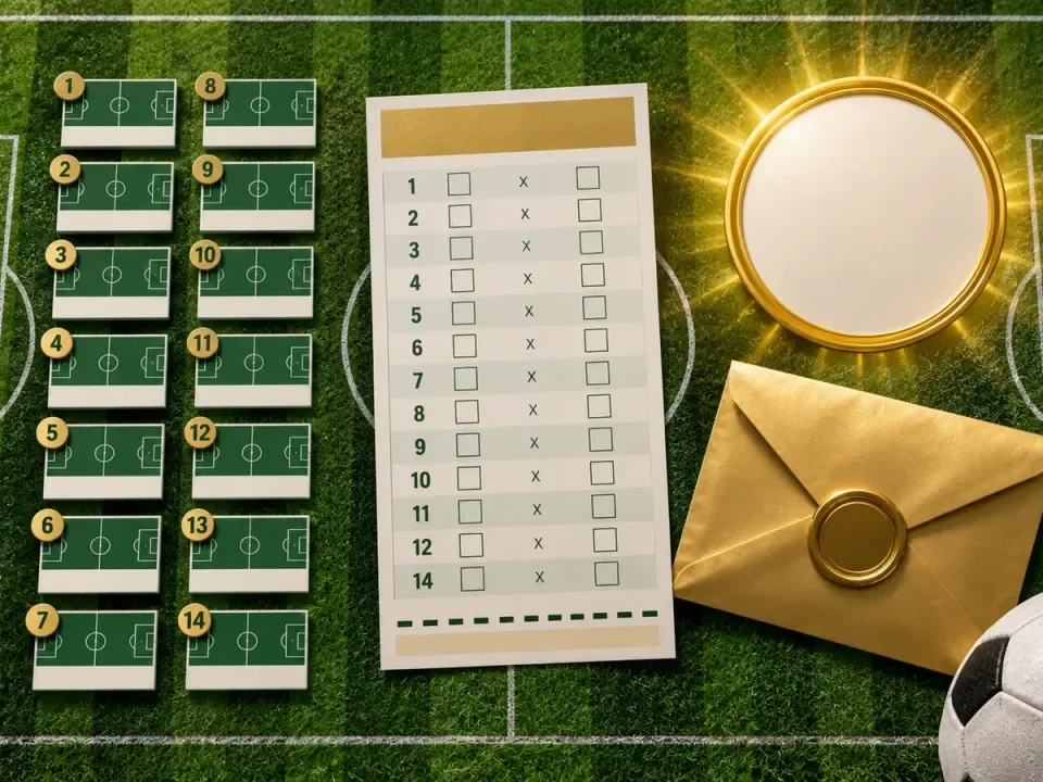 Ilustración de un boleto de lotería de resultados y catorce casillas de partidos sobre un campo