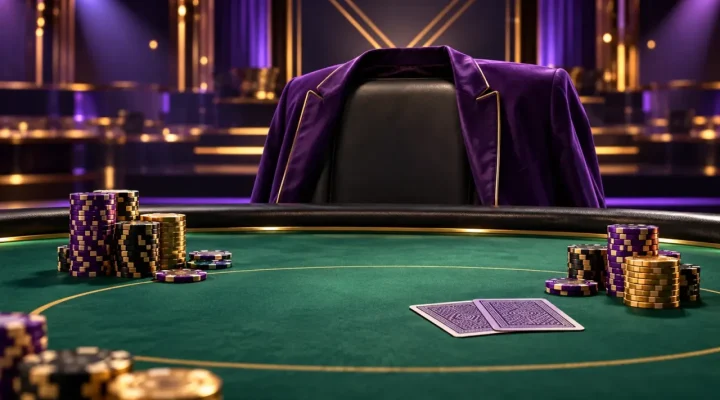 Mesa de póker conceptual con fichas de torneo y una chaqueta morada de campeón
