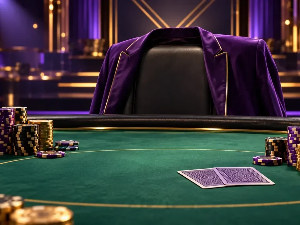 Mesa de póker conceptual con fichas de torneo y una chaqueta morada de campeón