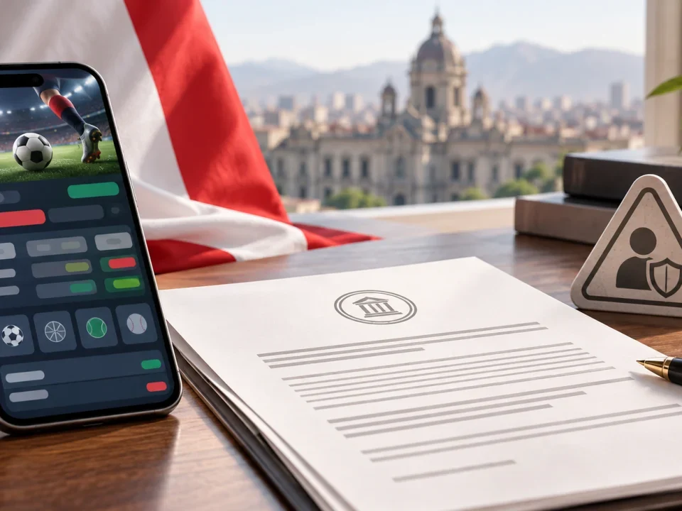 Illustration of a sports-betting phone beside a regulatory document with Peruvian colors