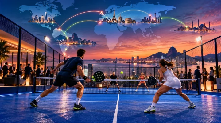 International padel match with travel routes connecting city skylines