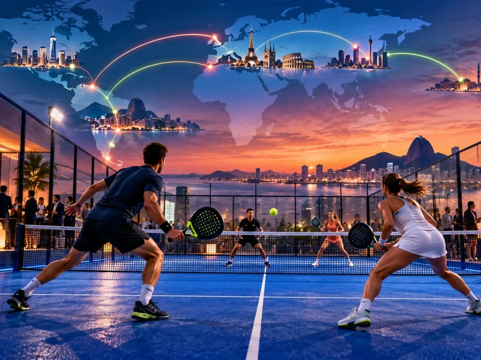 International padel match with travel routes connecting city skylines