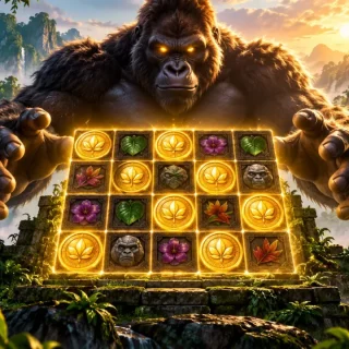 Generated illustration of a giant jungle ape behind an expanding collect-symbol game grid