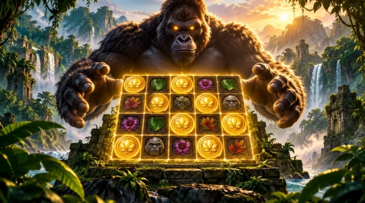 Generated illustration of a giant jungle ape behind an expanding collect-symbol game grid