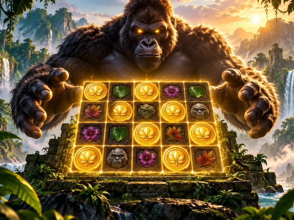 Generated illustration of a giant jungle ape behind an expanding collect-symbol game grid
