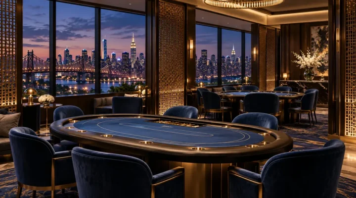 Illustration of an elegant private gaming salon overlooking New York City