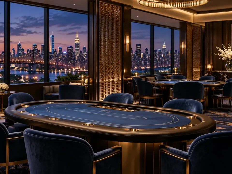 Illustration of an elegant private gaming salon overlooking New York City