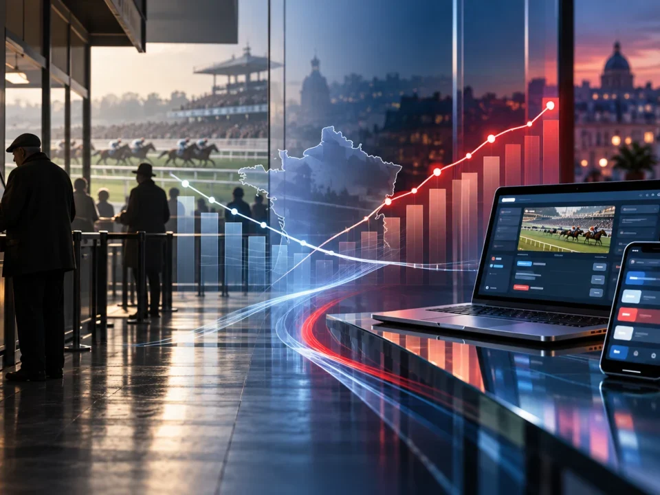Retail betting counters and rising digital betting channels around a map of France