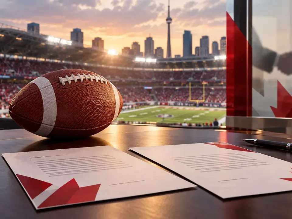 Illustration of a Canadian sports partnership agreement beside an American football and stadium