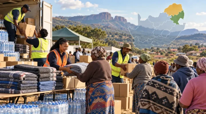 Ilustración de voluntarios que distribuyen ayuda en una zona rural de Sudáfrica con Limpopo y Mpumalanga destacados
