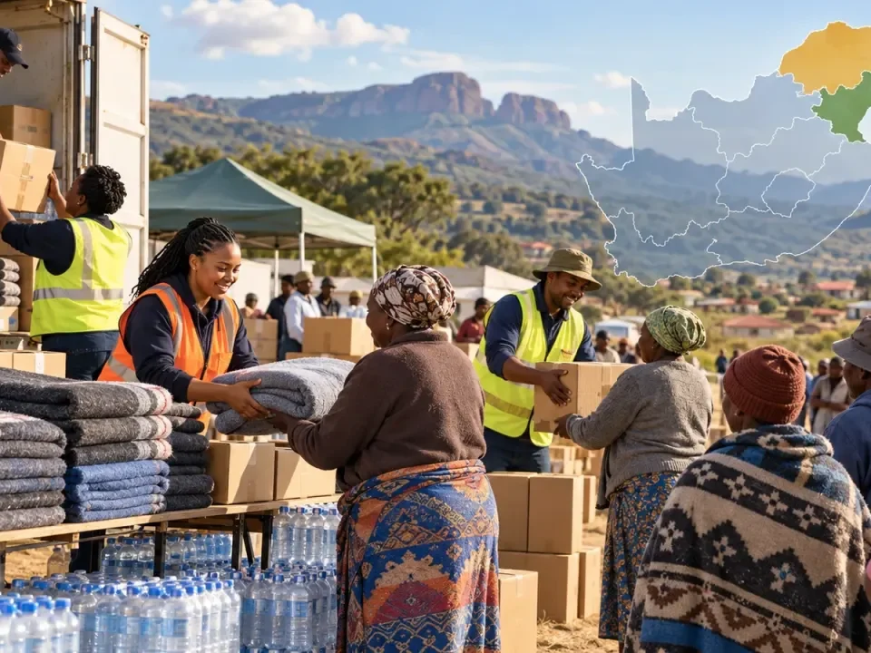 Ilustración de voluntarios que distribuyen ayuda en una zona rural de Sudáfrica con Limpopo y Mpumalanga destacados