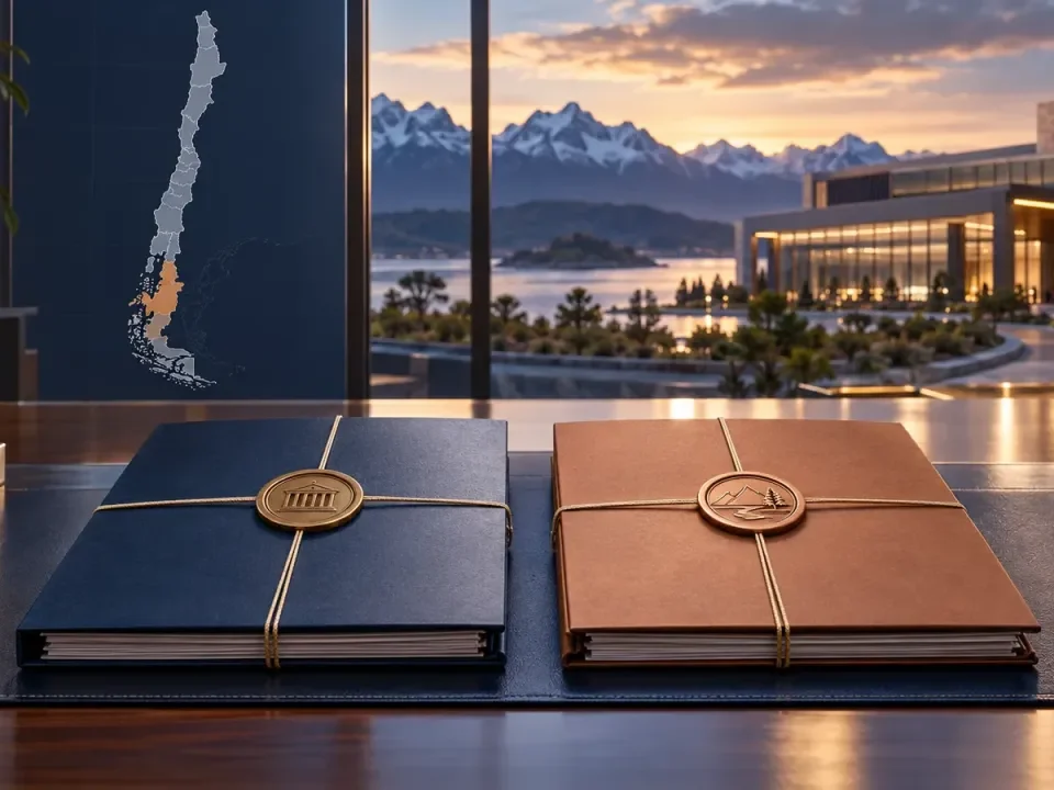 Two conceptual casino permit folders beside a map of Chile highlighting the southern Aysén region