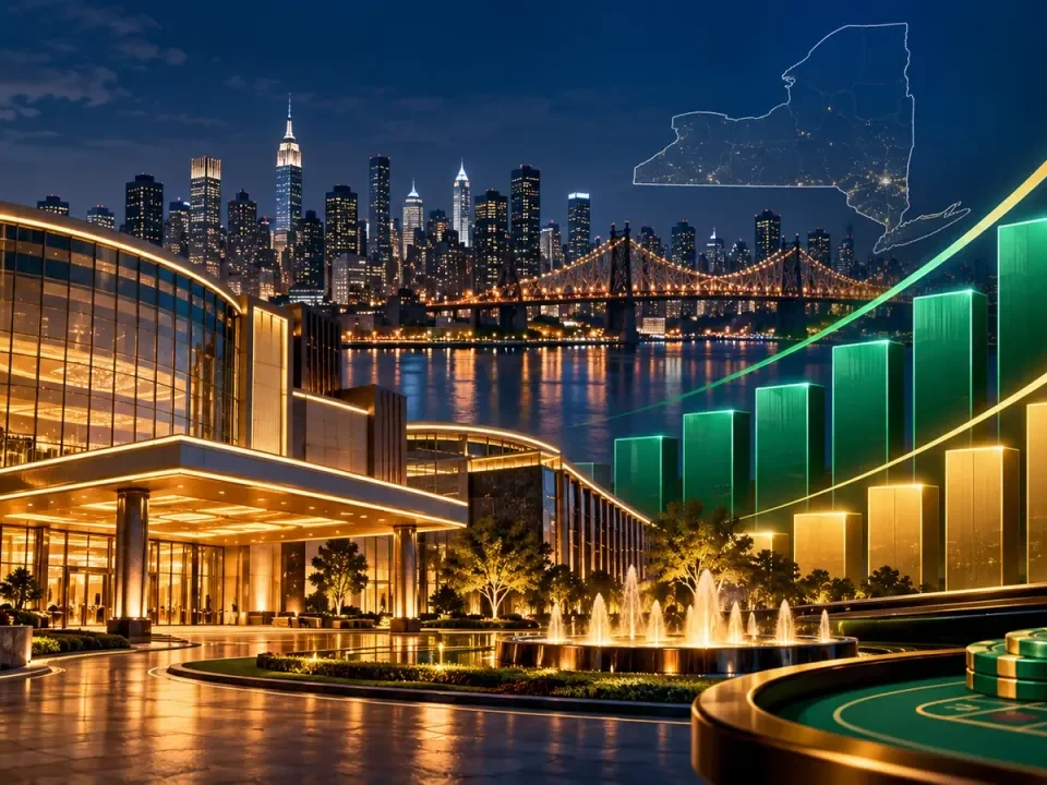 Horizonte ilustrado de un casino de Nueva York con barras de ingresos al alza y el contorno estatal