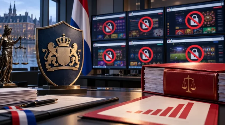 Dutch regulatory shield beside monitors showing blocked generic gambling sites