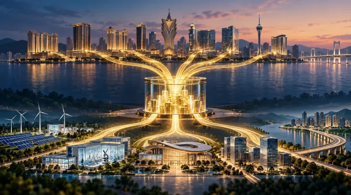 Ilustración de seis flujos de capital que convergen en un fondo de diversificación de Macao