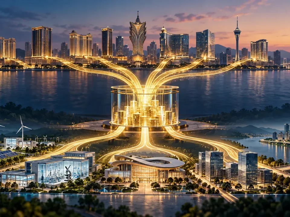 Ilustración de seis flujos de capital que convergen en un fondo de diversificación de Macao
