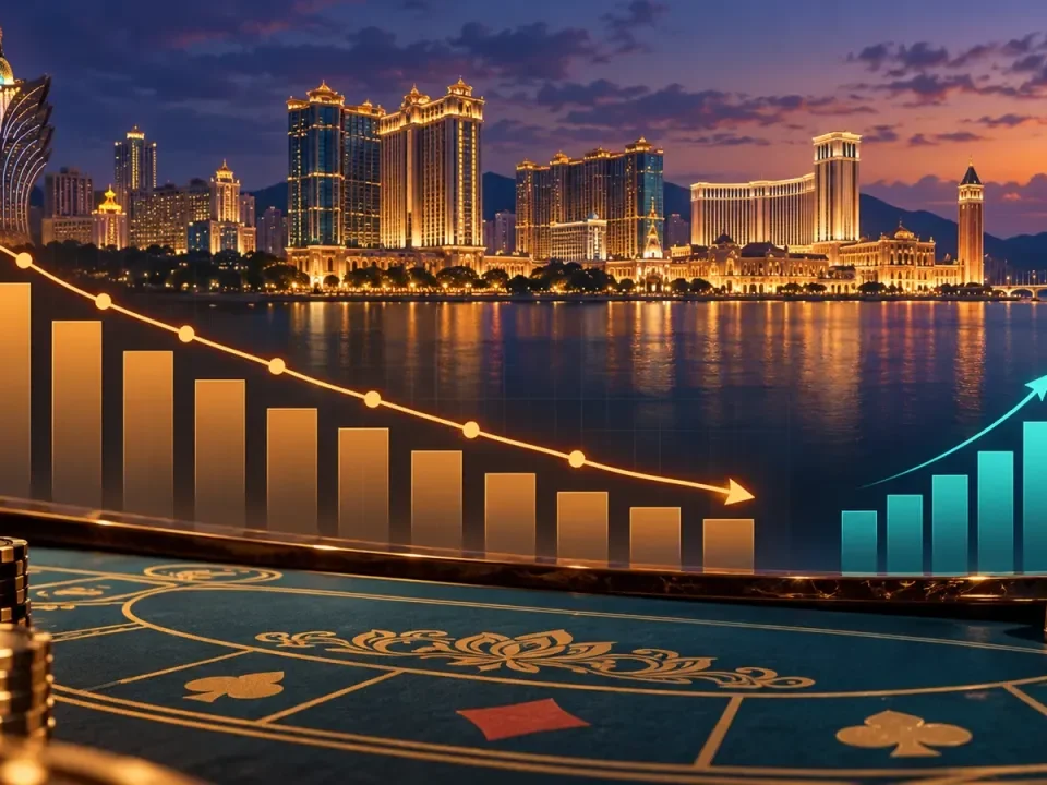 Horizonte ilustrado de casinos de Macao con barras descendentes de bacará y barras ascendentes de tragamonedas