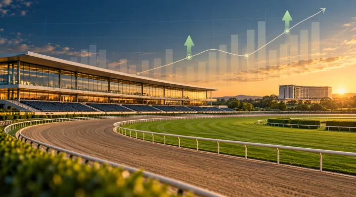 Hipódromo moderno genérico con gráficos de resultados financieros al atardecer