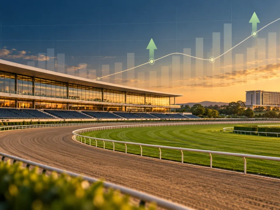Hipódromo moderno genérico con gráficos de resultados financieros al atardecer