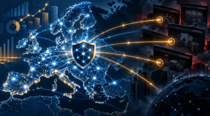 Generated illustration of a coordinated European network targeting unlicensed gambling sites