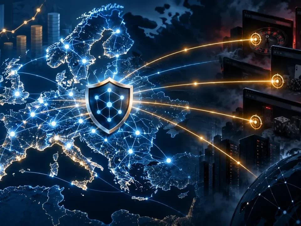 Generated illustration of a coordinated European network targeting unlicensed gambling sites