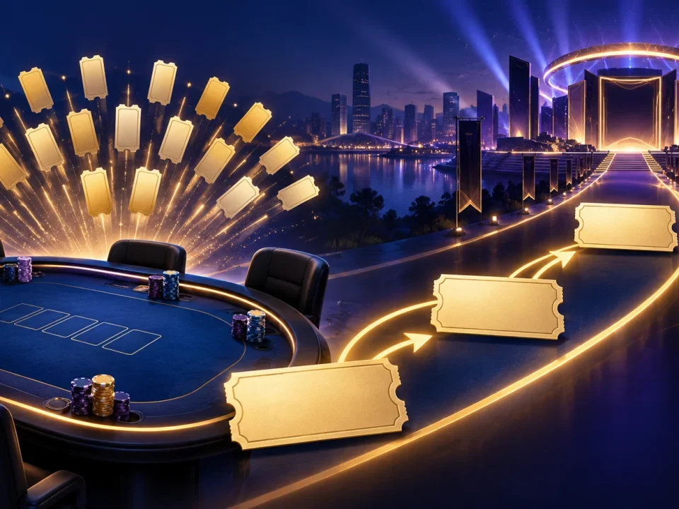 Conceptual online poker table with blank satellite tickets leading to a live tournament stage