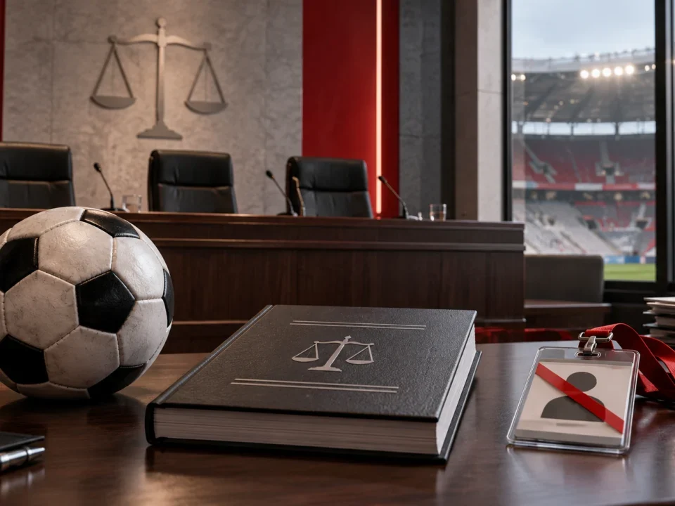 Illustration of a football disciplinary hearing with a suspended accreditation badge
