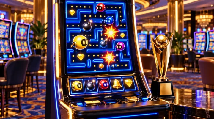 Tragamonedas de estilo arcade junto a un premio dorado en un casino